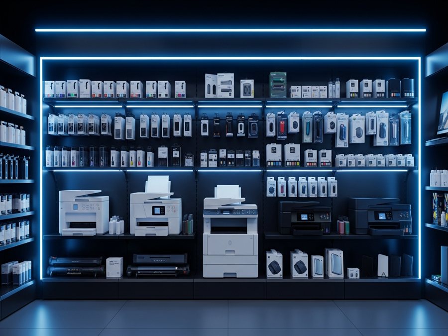 Impresora en oficina con iluminación azul